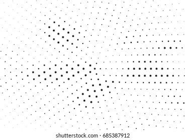 Abstract halftone dotted background. Monochrome futuristic grunge pattern, stars.  Vector modern optical pop art texture for posters, site, postcard, cover, labels, vintage sticker, mock-up layout.