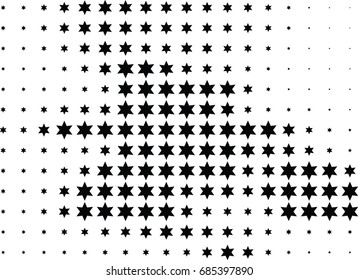 Abstract halftone dotted background. Monochrome futuristic grunge pattern, stars.  Vector modern optical pop art texture for posters, site, postcard, cover, labels, vintage sticker, mock-up layout.