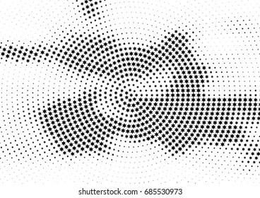 Abstract halftone dotted background. Monochrome futuristic grunge pattern, stars.  Vector modern optical pop art texture for posters, site, postcard, cover, labels, vintage sticker layout.