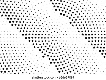 Abstract halftone dotted background. Monochrome futuristic grunge pattern, stars.  Vector modern optical pop art texture for posters, site, postcard, cover, labels, vintage sticker, mock-up layout.