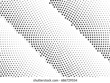 Abstract halftone dotted background. Monochrome futuristic grunge pattern, stars.  Vector modern optical pop art texture for posters, site, postcard, cover, labels, vintage sticker, mock-up layout.