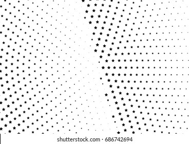 Abstract halftone dotted background. Monochrome futuristic grunge pattern, stars.  Vector modern optical pop art texture for posters, site, postcard, cover, labels, vintage sticker, mock-up layout.