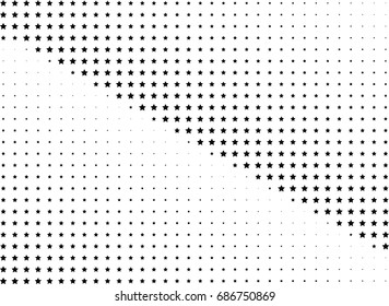 Abstract halftone dotted background. Monochrome futuristic grunge pattern, stars.  Vector modern optical pop art texture for posters, site, postcard, cover, labels, vintage sticker, mock-up layout.