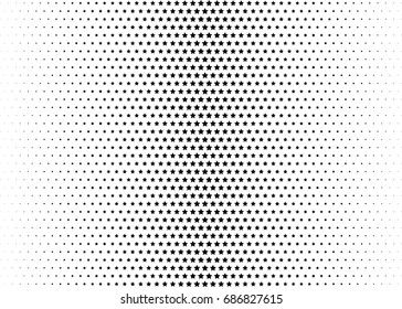 Abstract halftone dotted background. Monochrome futuristic grunge pattern, stars.  Vector modern optical pop art texture for posters, site, postcard, cover, labels, vintage sticker, mock-up layout.