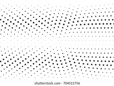 Abstract halftone dotted background. Monochrome futuristic grunge pattern, stars.  Vector modern optical pop art texture for posters, site, postcard, cover, labels, vintage sticker, mock-up layout.