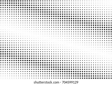 Abstract halftone dotted background. Monochrome futuristic grunge pattern, stars.  Vector modern optical pop art texture for posters, site, postcard, cover, labels, vintage sticker, mock-up layout.