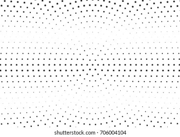 Abstract halftone dotted background. Monochrome futuristic grunge pattern, stars.  Vector modern optical pop art texture for posters, site, postcard, cover, labels, vintage sticker, mock-up layout.