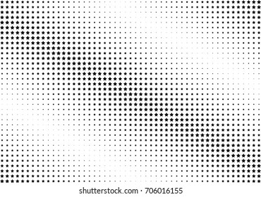 Abstract halftone dotted background. Monochrome futuristic grunge pattern, stars.  Vector modern optical pop art texture for posters, site, postcard, cover, labels, vintage sticker, mock-up layout.