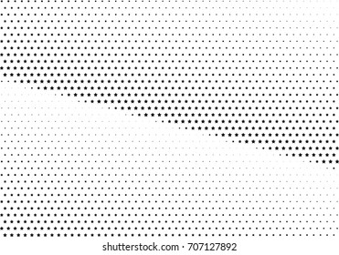 Abstract halftone dotted background. Monochrome futuristic grunge pattern, stars.  Vector modern optical pop art texture for posters, site, postcard, cover, labels, vintage sticker, mock-up layout.