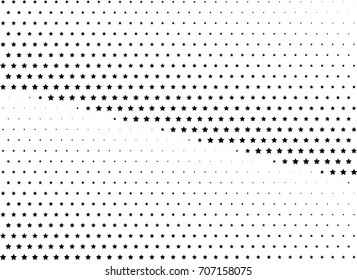 Abstract halftone dotted background. Monochrome futuristic grunge pattern, stars.  Vector modern optical pop art texture for posters, site, postcard, cover, labels, vintage sticker, mock-up layout.