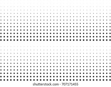 Abstract halftone dotted background. Monochrome futuristic grunge pattern, stars.  Vector modern optical pop art texture for posters, site, postcard, cover, labels, vintage sticker, mock-up layout.