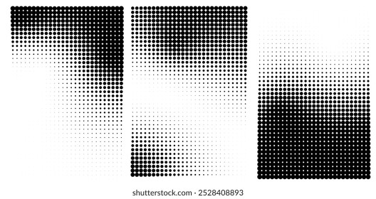 Abstract halftone dotted background. Set of pointillism gradient pattern in dotwork style. Dotted set of shapes, stipple elements. rain noise halftone objects. Vector template