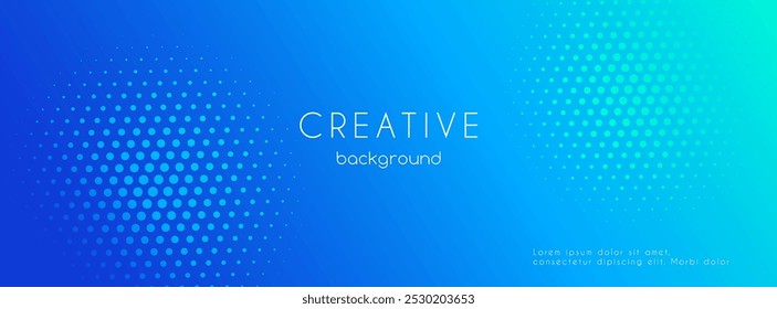 Abstract halftone dotted blue gradient long banner template. Business minimal vector background with halftone circle frame
