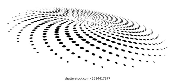 Abstrato meio-tom pontilhado círculo que anuncia fundo ou elemento de design. Efeito de ilusão ótica. Criativo meio-tom espiral polka pontos vetor em perspectiva.