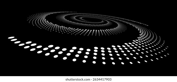 Abstract halftone dotted circle advertising background or design element. Optical illusion effect. Creative halftone spiral polka dots vector in perspective view.