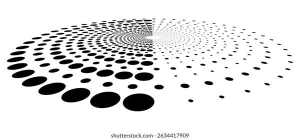 Abstract halftone dotted circle advertising background or design element. Optical illusion effect. Creative halftone spiral polka dots vector in perspective view.