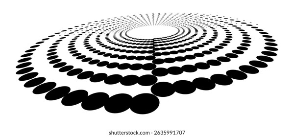 Abstract halftone dotted circle advertising background or design element. Optical illusion effect. Creative halftone spiral polka dots vector in perspective view.