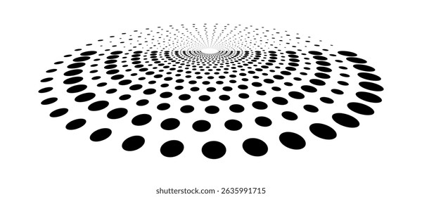 Abstract halftone dotted circle advertising background or design element. Optical illusion effect. Creative halftone spiral polka dots vector in perspective view.