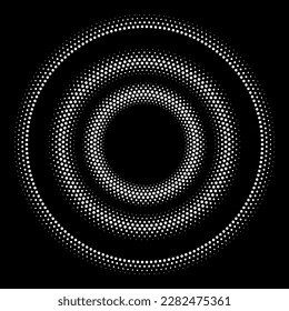 Abstract halftone dotted circles advertising background. Ripple optical illusion effect. White creative halftone circle polka dots vector.