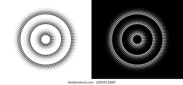 Abstract halftone dotted circles advertising background. Ripple optical illusion effect. Black shape on a white background and the same white shape on the black side.