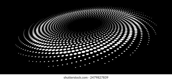 Abstract halftone dotted circles advertising background. Optical illusion effect with distortion. Creative halftone circle polka dots vector in perspective view.