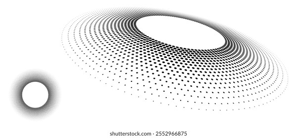 Abstract halftone dotted circles advertising background. Optical illusion effect. Black creative halftone circle polka dots vector in perspective view.