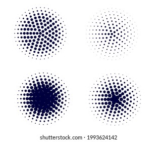 Abstract halftone dotted circles, round halftones geometric dots gradient and pop art texture. Dot spray gradation vector set. Vector Illustration.