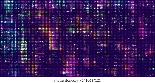 Abstract halftone dotted digital technology background with futuristic night city and neon light effect. Cyberpunk and retrowave design for technology, hi-tech and science concept. Vector illustration