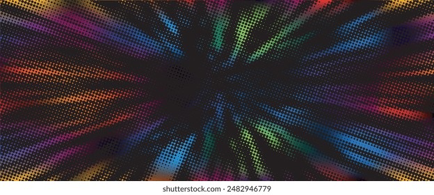 Abstract halftone dotted digital technology background with futuristic night city and neon light effect. Cyberpunk and retrowave design for technology, hi-tech and science concept