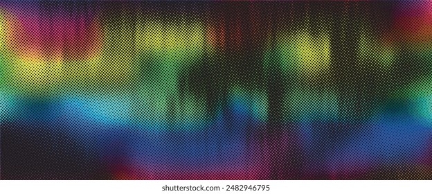 Abstract halftone dotted digital technology background with futuristic night city and neon light effect. Cyberpunk and retrowave design for technology, hi-tech and science concept
