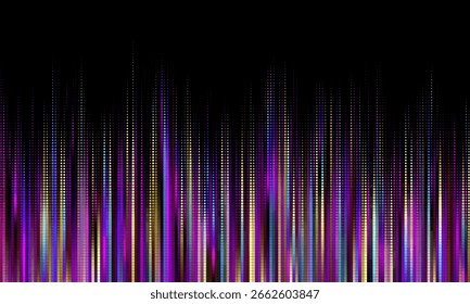 Abstract halftone dotted digital technology wide background with futuristic neon light and faded effect. Cyberpunk and retrowave design for technology, hi-tech and science concept. Vector illustration