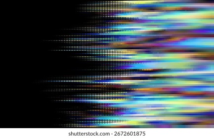 Abstractas fondo ancho de tecnología digital punteado de medio tono con luz de neón futurista y efecto desvanecido. Diseño cyberpunk y retrowave para tecnología, alta tecnología y concepto de ciencia. Ilustración vectorial