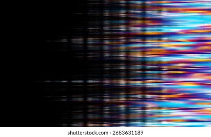 Abstractas fondo ancho de tecnología digital punteado de medio tono con luz de neón futurista y efecto desvanecido. Diseño cyberpunk y retrowave para tecnología, alta tecnología y concepto de ciencia. Ilustración vectorial