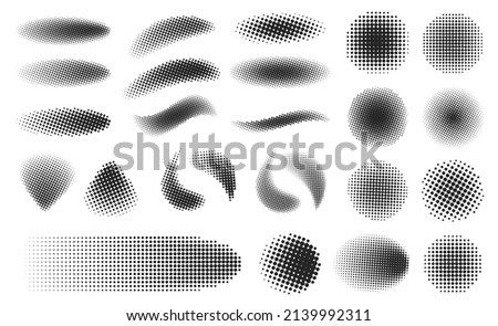 Abstract halftone dotted geometric shapes with gradient. Pop art dot circles and ovals. Half tone spray gradation effect pattern, brush texture vector set