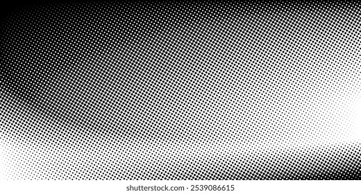 Abstract Halftone Dotted Gradient Design with Wave Effect. Black and white background with retro pixelated texture. Anime or manga comic style