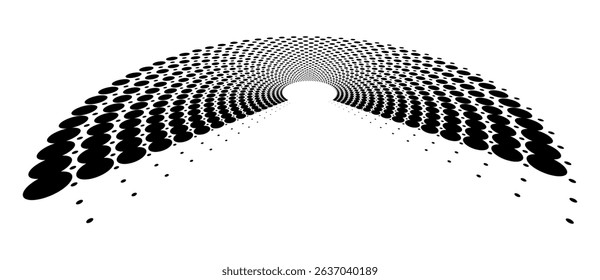 Abstract halftone dotted part of circles background. Optical illusion effect with distortion. Creative halftone circle polka dots vector in perspective view.