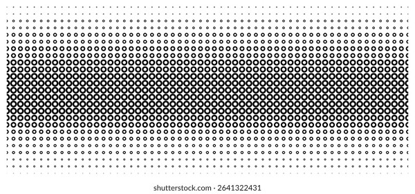 Abstract halftone dotted pattern with gradient density in black and white vector illustration.