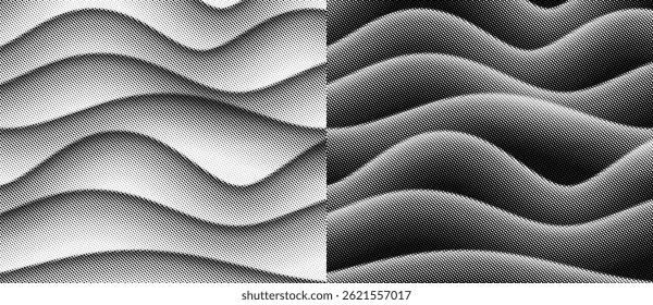Abstractas fondo de onda punteada de semitono. Puntos negros sobre un fondo blanco y los mismos puntos blancos en el lado negro.