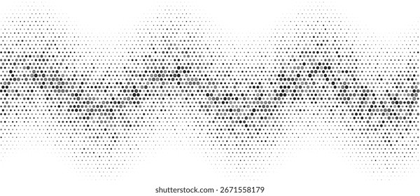 Fundo abstrato de onda pontilhada de meio-tom. Preto aponta tamanhos aleatórios em um fundo branco.