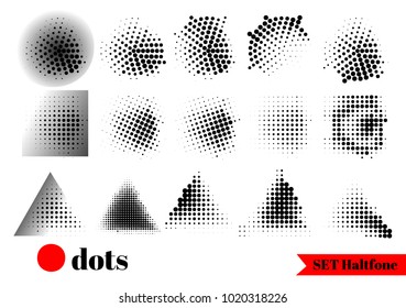 Abstract halftone effect with dots. Set dotted black texture. Circle in background shape radial, rectangle
triangle. White and black grange vector illustration.