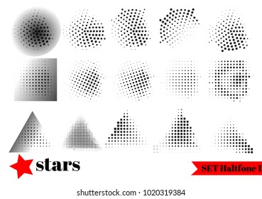 Abstract halftone effect with stars. Set dotted black texture. Circle in background shape radial, rectangle
triangle. White and black grange vector illustration.
