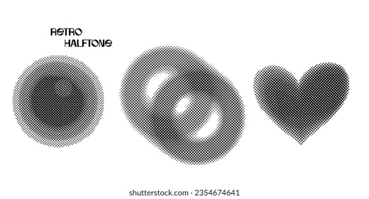 Abstract halftone effect vintage decor elements on white background . Set of different geometric shapes rings, circle, eart. Vector illustration design for retro decorative, backdrop, cover, banner
