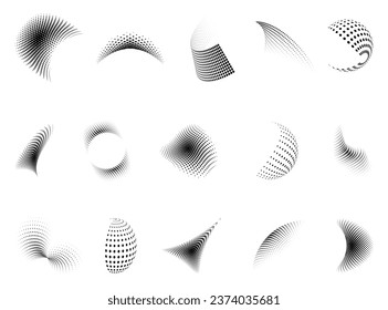 Abstract halftone elements in different shapes. Halftone texture decoration. Set of geometric halftone logo. Halftone icon background