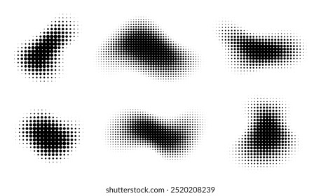 Abstract halftone figures, gradient dot texture, circular spray effect, graphic retro shapes. Vector illustration.