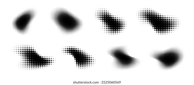 Figuras de meio-tom abstratas, textura de pontos de gradiente, efeito de spray circular, formas retrô gráficas. Ilustração vetorial.