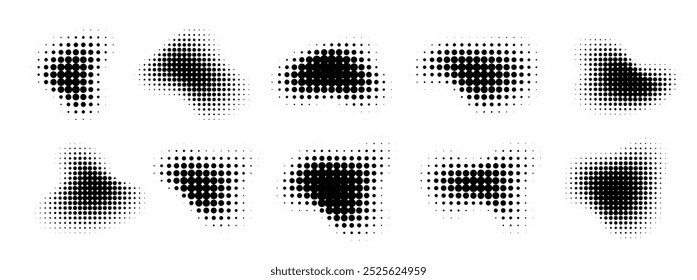 Abstract halftone figures, gradient dot texture, circular spray effect, graphic retro shapes. Vector illustration.