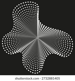 Abstract halftone flower shape. White dotted radial pattern on black background. Geometric spiral vortex. Optical illusion graphic.