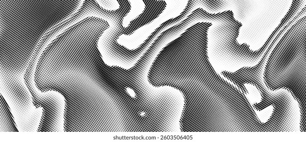 Abstract halftone fluid waves, black and white fabric texture with a smooth, silky flow.