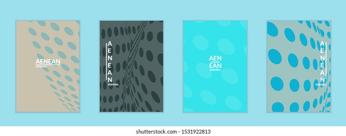 Abstract halftone flyer template with visual distortion effect. Optical art background. Warped 3D space. Futuristic vector illustration with circles on flat colored background