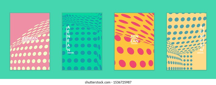 Abstract halftone flyer template with visual distortion effect. Optical art background. Warped 3D space. Futuristic vector illustration with circles on flat colored background